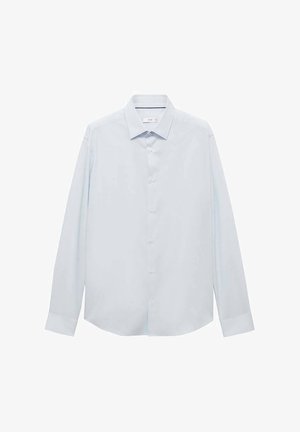 Jasnoniebieska koszula z długim rękawem wykonana z gładkiego materiału, z klasycznym kołnierzykiem, z przodu na guziki oraz zaokrąglonym dołem.