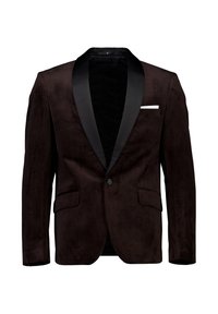 Mørkebrun fløjls blazer med sort satin sjal-krave, enkelt knaplukning, klaffelommer og hvid lommetørklæde.