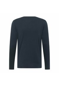 Laivastonsininen pitkähihainen T-paita sileästä kankaasta, jossa pyöreä pääntie ja suora helma; ilman kuvioita tai koristeita.