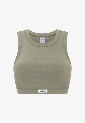 Geripptes, ärmelloses, kurzes Tanktop in Olivgrün mit rundem Ausschnitt und Schiesser-Markenlabel vorne unten.