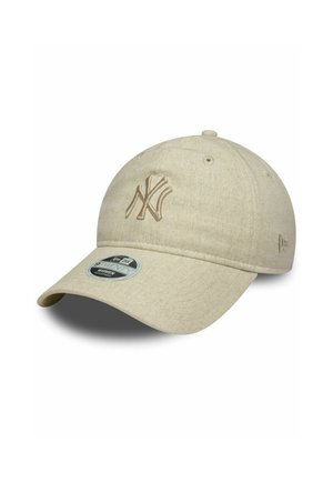 Beige Baseballcap aus strukturiertem Stoff, mit einem bestickten Logo in passendem Farbton und einem gebogenen Schirm. Enthält einen Größensticker.