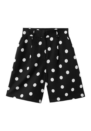 Zwarte korte broek met wijde pijpen en witte stippen, voorzien van ceintuurlussen en zijzakken, plat gelegd op een witte achtergrond.