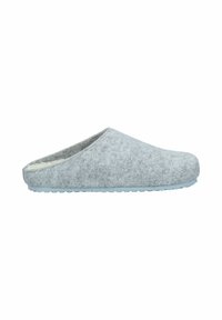 Gray felt clogs with a wool interior, slip-on design, rounded toe, and textured rubber sole featuring small circular grips.