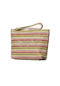 Sac à main tissé multicolore avec un motif en zigzag rose, vert, jaune et bleu. Il est doté d'une poignée supérieure et d'un accent de logo.