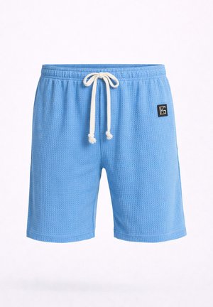 Pantaloncini azzurro chiaro con texture, elastico in vita, coulisse bianca e piccolo logo a patch nero sul lato sinistro.