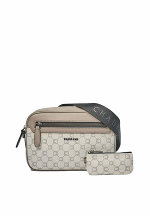 Sac bandoulière beige et taupe à motif avec poche zippée à l'avant, sangle noire réglable et petite pochette zippée assortie.