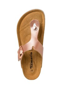 Bronsfärgad metallisk flip-flop sandal med en platt korkfotbotten, justerbar rem och cirkulär detalj i metall. Slät ovandel och texturerad sula.