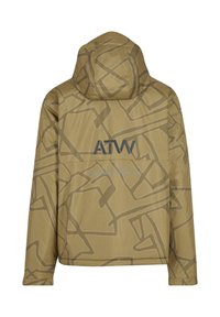 Beige Windbreaker-Jacke mit strukturiertem geometrischem Muster, Kapuze und dem Logo "ATW" in Dunkelgrau auf dem Rücken.