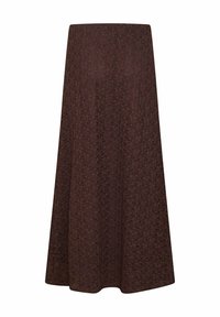 Brun midi-nederdel i blonder med en udsvingende pasform, der har et tekstureret mønster og en glat talje, lavet af letvægtsstof.