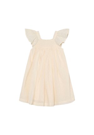 Jasnobeżowa sukienka z krótkimi falbaniastymi rękawami, marszczoną górą i marszczonym dołem, z subtelnym wzorem w kropki na całej powierzchni.