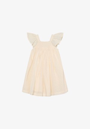 Hellbeiges Kleid mit kurzen Rüschenärmeln, gerafftem Oberteil und gesammeltem Rock mit dezentem Polka-Dot-Muster.