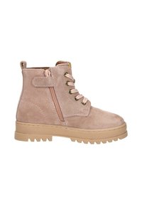 Suède enkellaars in lichtroze met een gestructureerd oppervlak, voorzien van een rits aan de zijkant, veters en een chunky beige zool met een profielpatroon.