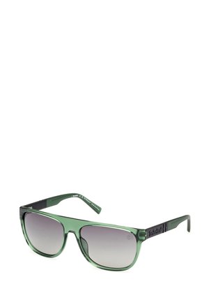 Grüne Kunststoff-Sonnenbrille mit dicker Fassung, grau verlaufenden Gläsern und Timberland-Logo an den Bügeln. Glatte Oberfläche mit kantigem Design.