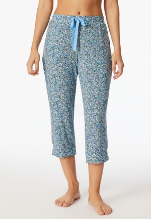 Damen-Caprihosen aus leichtem Material, mit einem blauen Blumenmuster, einem elastischen Bund und einer hellblauen Kordel.