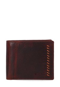 Brown leather wallet with a textured finish, featuring orange stitching on the side and a debossed "Venezia" logo on the front.