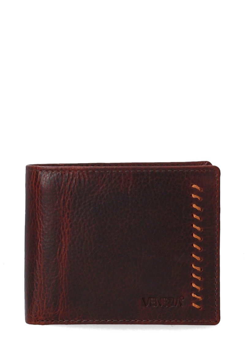 Brown leather wallet with a textured finish, featuring orange stitching on the side and a debossed "Venezia" logo on the front.