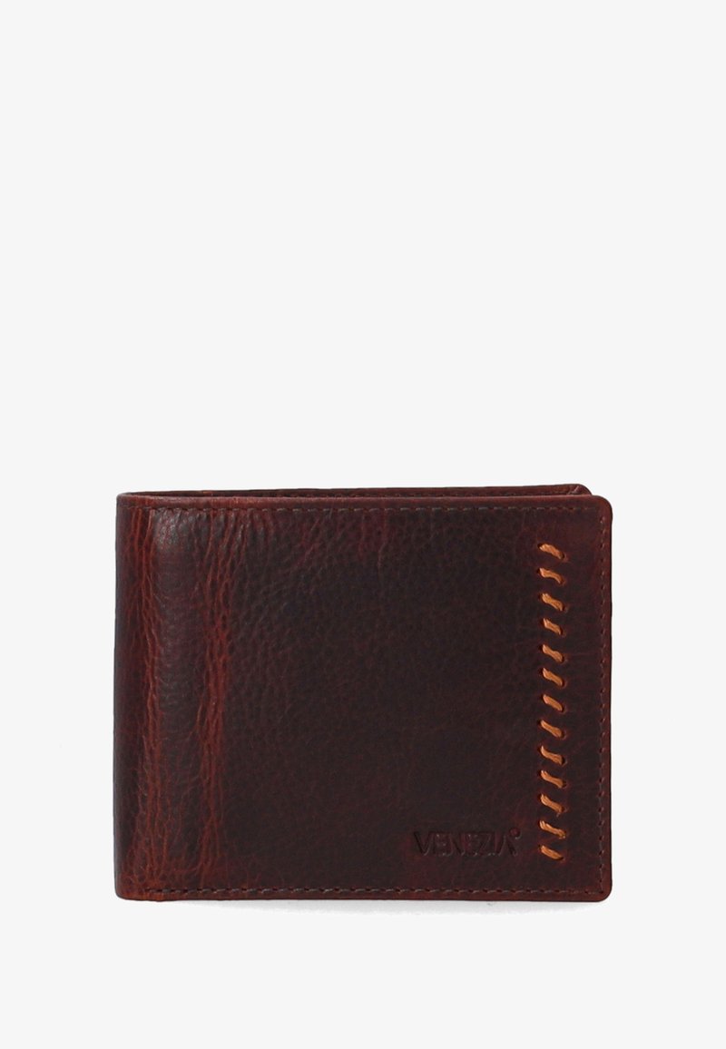 Brown leather wallet with a textured finish, featuring orange stitching on the side and a debossed "Venezia" logo on the front.