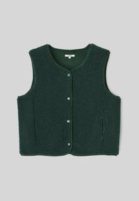 Gilet sans manches en polaire vert foncé avec encolure ronde, boutons-pression sur le devant et finition simple sur un fond gris clair.