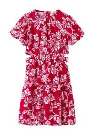 Robe fleurie rouge à manches courtes, avec des motifs floraux blancs, une taille élastique froncée et une fermeture au dos avec un œillet.