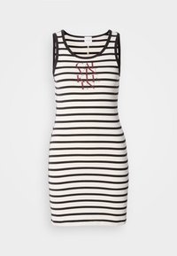 Sleeveless dress made of cotton with black and white horizontal stripes. Features a printed logo in red on the front. Fitted shape.