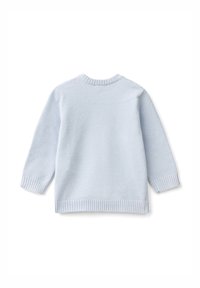 Hellblauer, langärmeliger Strickpullover mit gerippten Bündchen, Saum und Ausschnitt, von hinten auf einem weißen Hintergrund dargestellt.