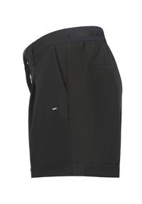 Schwarze Shorts aus leichtem Stoff, mit einer glatten Textur, seitlichen und hinteren Taschen sowie einem schlichten Design mit kurzem Saum.