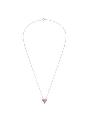 Silberkette mit einem kleinen rosa glitzernden herzförmigen Anhänger in der Mitte und einem Federringverschluss.