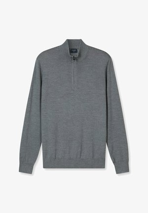 Grau melierter Pullover aus weichem Strickstoff, mit halbem Reißverschluss am Kragen, langen Ärmeln und geripptem Saum sowie Bündchen für zusätzliche Struktur.