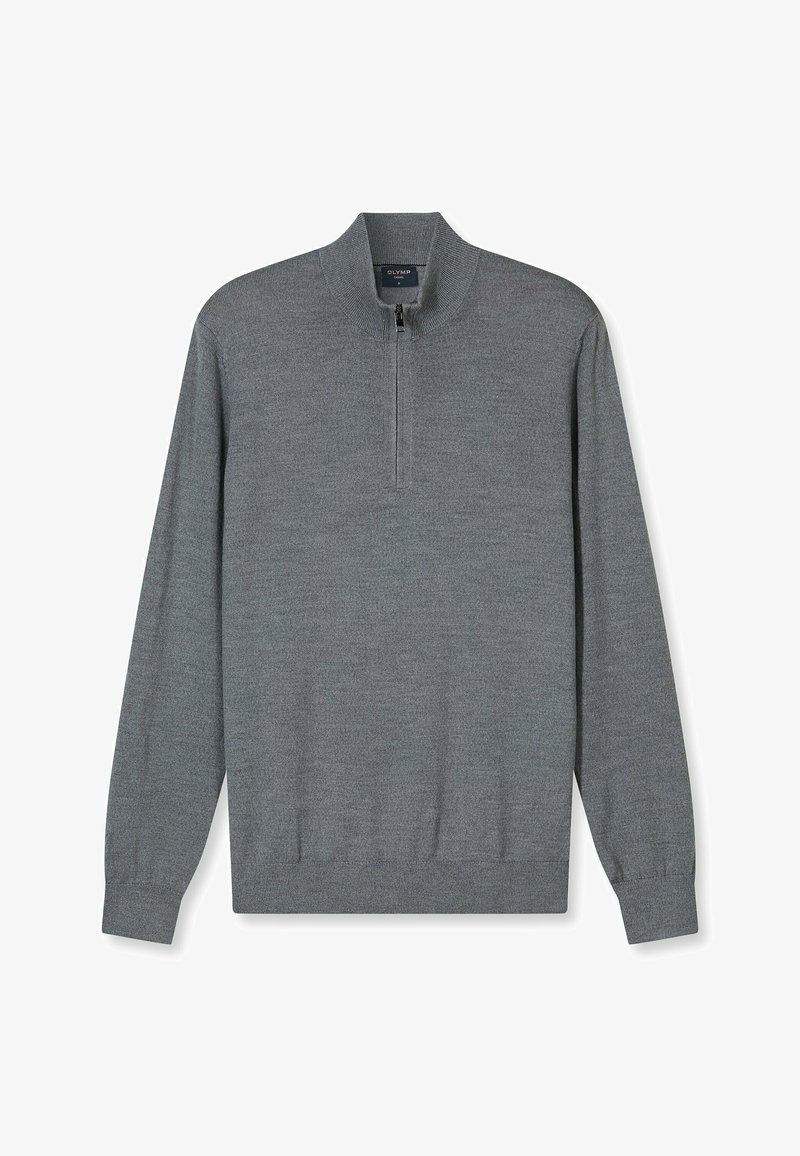 Grau melierter Pullover aus weichem Strickstoff, mit halbem Reißverschluss am Kragen, langen Ärmeln und geripptem Saum sowie Bündchen für zusätzliche Struktur.