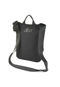 Bolsa de hombro negra hecha de tejido duradero, con una textura suave, correa ajustable y un asa superior, con un logotipo prominente en la parte frontal.
