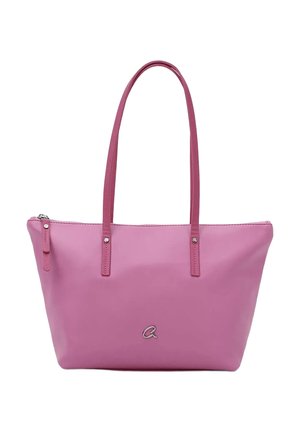 Bolso tote de cuero rosa con doble asa para el hombro, cremallera superior y pequeño logo plateado en el centro frontal.