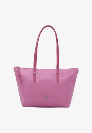 Borsa tote in pelle rosa con doppi manici per spalla, cerniera superiore e piccolo logo argentato al centro frontale.