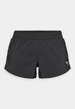 Calções de desporto pretos com cintura elástica e pequeno logótipo da Puma em branco no canto inferior direito, apresentados sobre um fundo simples.