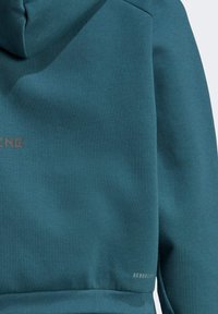 Felpa con cappuccio in tessuto color teal con una texture liscia, caratterizzata da un dettaglio del logo sulla parte posteriore e orlo a costine.