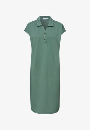 Robe polo verte longueur genou avec manches courtes, col et trois boutons devant.