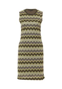Bezramionowa sukienka w zygzakowaty wzór, w odcieniach zieleni, beżu i czerni. Dziana tekstura z okrągłym dekoltem i dopasowanym krojem.