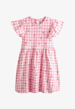 Roosa ja valge ruuduline väikelapse kleit sasijalutustega varrukatega ja laotatud kirsi mustriga, omades ümara kaelusega ja kogutud vöökohaga.