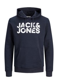 Námořnická modrá mikina s kapucí, přední kapsou a velkým bílým nápisem "JACK & JONES" tištěným na přední straně. Bavlněný materiál, ležérní design.