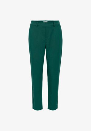 Mørkegrønne, slim-fit bukser med bæltestropper, forlommer og en let forkortet længde, vist på en hvid baggrund.