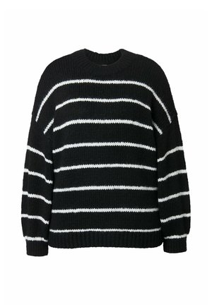 Maglione nero in maglia con righe orizzontali bianche, maniche lunghe e polsini e orlo a coste, esposto su uno sfondo bianco.