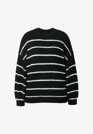 Schwarzer gestrickter Pullover mit horizontalen weißen Streifen, langen Ärmeln sowie gerippten Bündchen und Saum, auf einem weißen Hintergrund präsentiert.