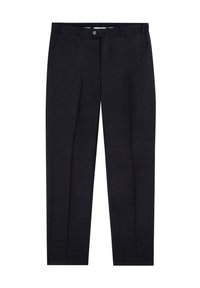 Pantalones navy a medida con frente plano, dos pinzas y cierre de botón. Confeccionados en tela ligera con una textura suave.