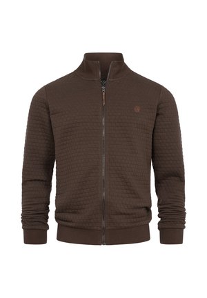 Braune, gesteppte Jacke mit Reißverschluss, Rippbündchen an den Ärmeln und am Kragen, mit kleinem rundem Logo auf der linken Brust.