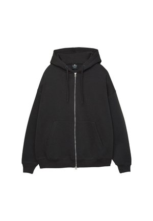 Schwarzer Hoodie aus weichem Stoff, mit durchgehendem Reißverschluss, Kordelzugkapuze und zwei Fronttaschen. Lockere Passform mit gerippten Bündchen.