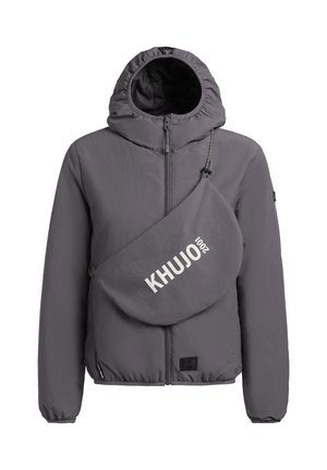 Hall halliga kapuutsiga jakk esikülje tõmblukuga ja sobiva risti kannetava kotiga, millel rinnal kiri "KHUJO 2001".