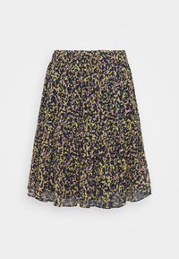 Falda corta de varios niveles con cintura elástica. Presenta un fondo negro con un patrón de estampado de leopardo colorido en rosa y verde.