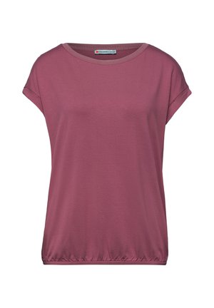 Damski top z krótkim rękawem w kolorze mauve, z okrągłym dekoltem, mankietami na rękawach i elastycznym dołem, oznaczony marką Street One.