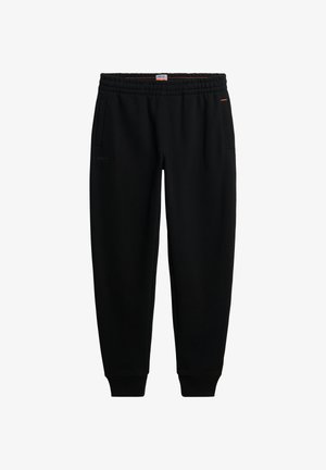 Zwarte taps toelopende joggingbroek met elastische tailleband, zijzakken en geribbelde enkelboorden, ontworpen voor casual draagstijl.