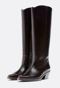 Rjavi usnjeni škornji do kolen z ostrim prstom in zloženim peto. Imajo gladko teksturo in dekorativne šive vzdolž šivov.