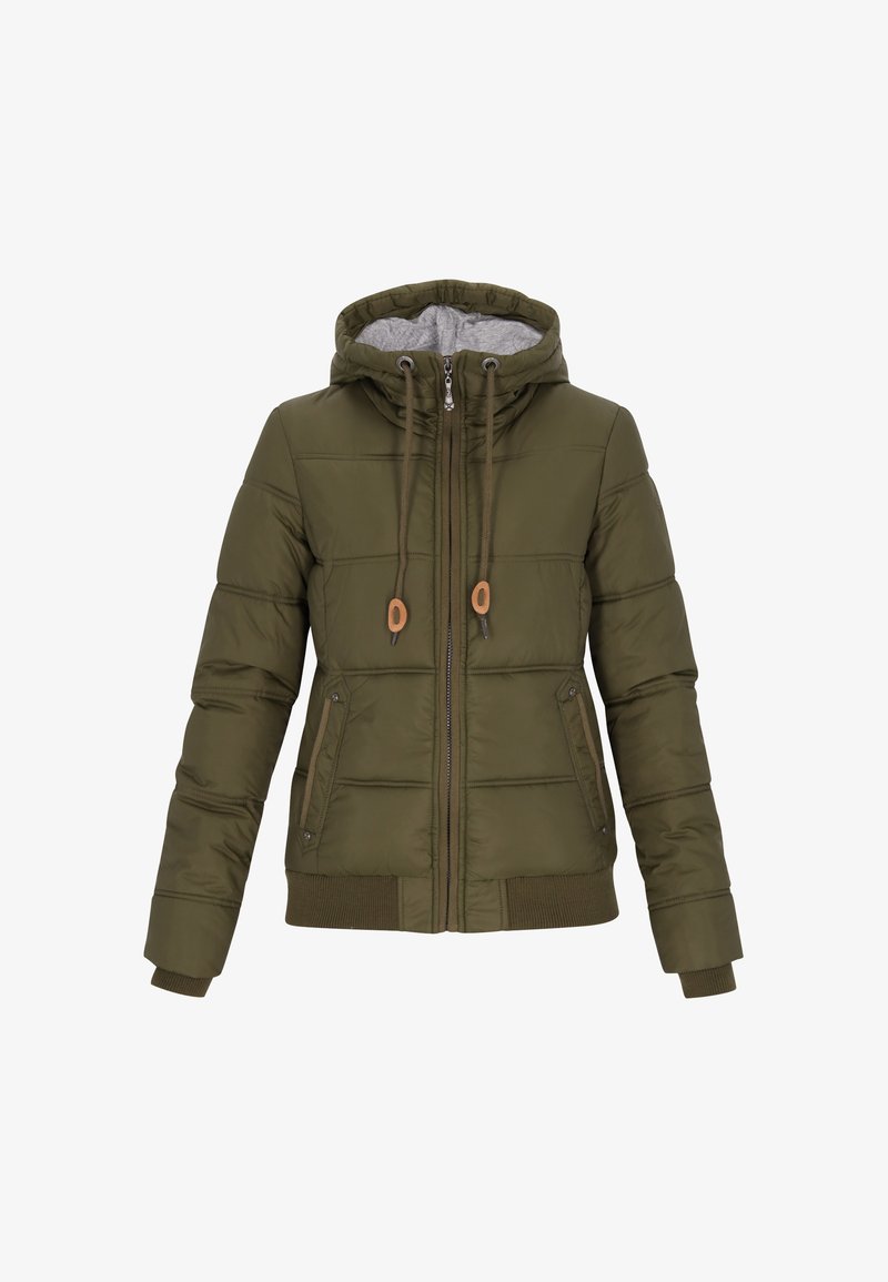 Oliven grøn polstret jakke med hætte, frontlynlås, ribbet kant og to sidelommer. Har snøretræk og grå inderside.